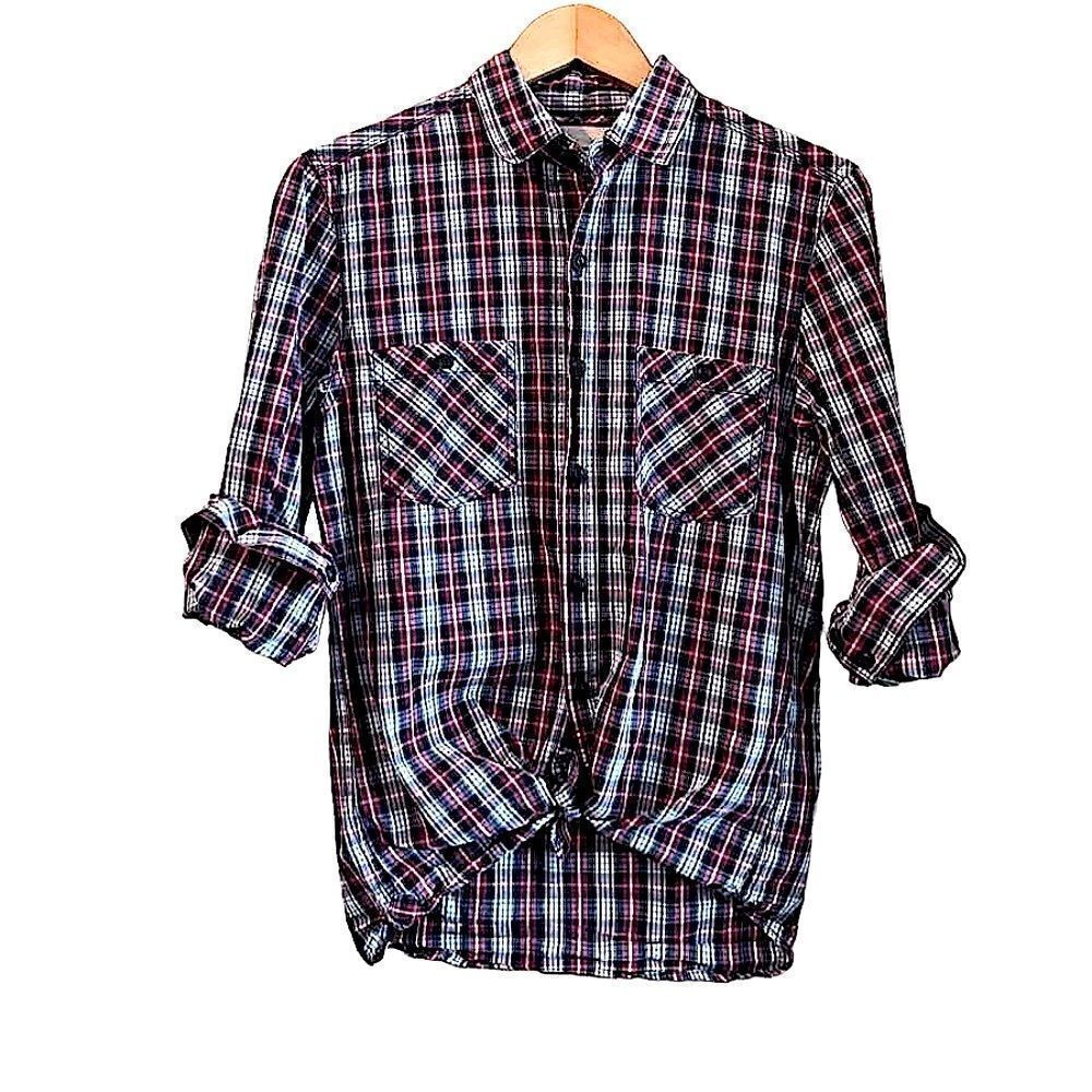 Cotton On Plaid Button Down Long Sleeve Shirt Navy Red White Women’s Small